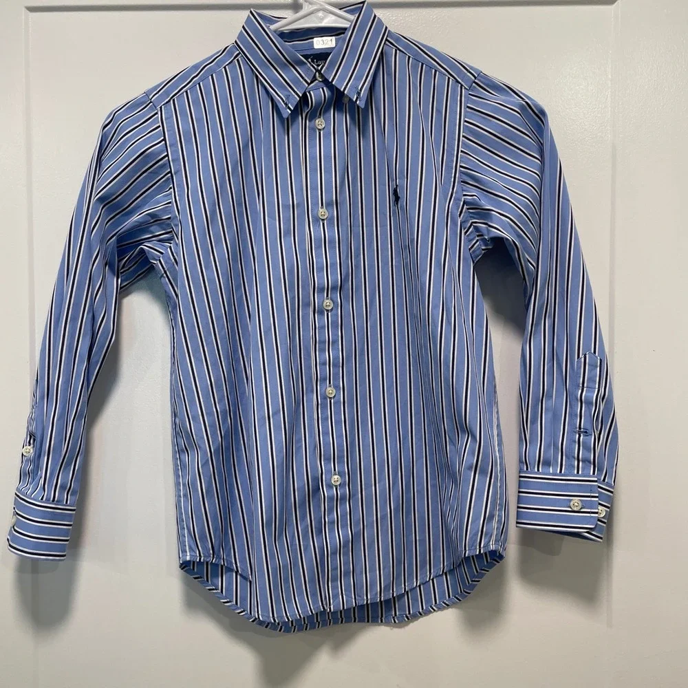 Ralph Lauren Boys Blue White Striped Button Down Cotton Shirt Long Sleeve